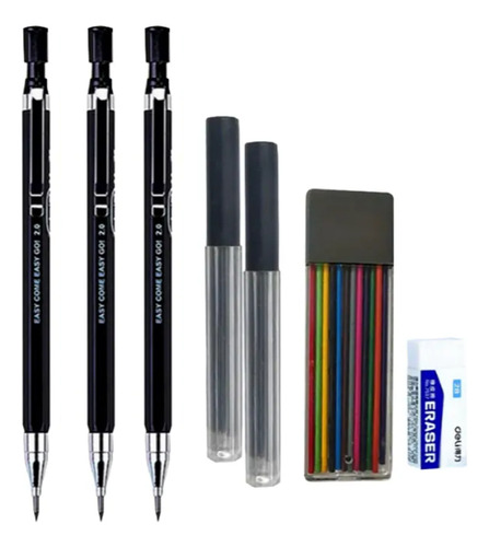 3 Lápices Mecánicos Con Puntillas 2 Mm Negro/colores Y Goma