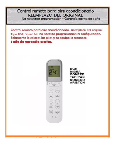Control Remoto Para Aire Acondicionado Bgh Silent Air Rg36a
