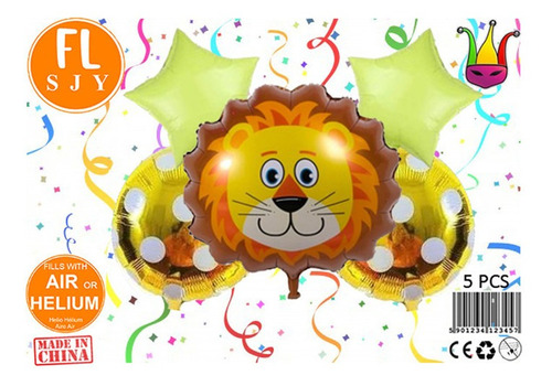 Globo Metalizado Bouquet Animales Selva 5 Pcs León