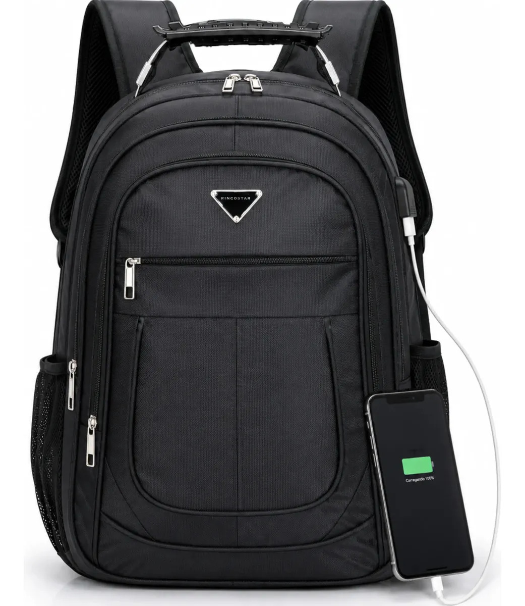 Mochila Notebook 17 Impermeável Reforçada Grande Masculina USB Escolar Trabalho Rincostar Preta Preto Liso