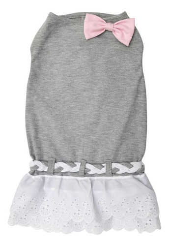 Ropa Para Perro Vestido Gris Con Moño Rosa Lindo Talla 6