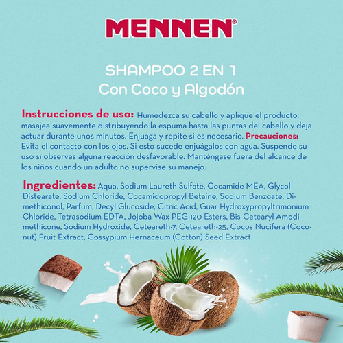 Shampoo Mennen Humecta Y Desenreda Coco Y Algodón 700 Ml