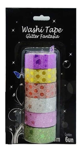 Rolos Washi Tape Fita Adesiva Decorativa Planner Caderno Cor Glitter Fantasia - Vmp