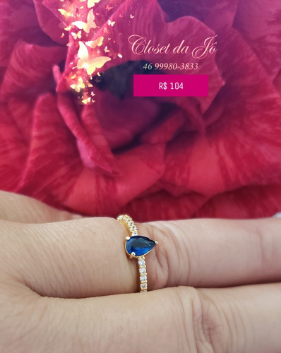 Anel Aliança Gota Mini Cristal Azul Bruna Semijoias