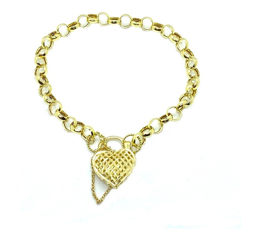Pulseira Fem. Elo Português Com Fecho Coração 22cm Ouro 18k