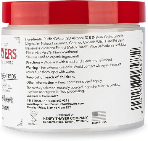 Thayers Original Witch Hazel Astringent Pads With Aloe Vera
