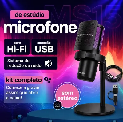 Microfone Condensador Rgb Alta Sensibilidade Usb para Gamer Streaming e PC Com Luz LED