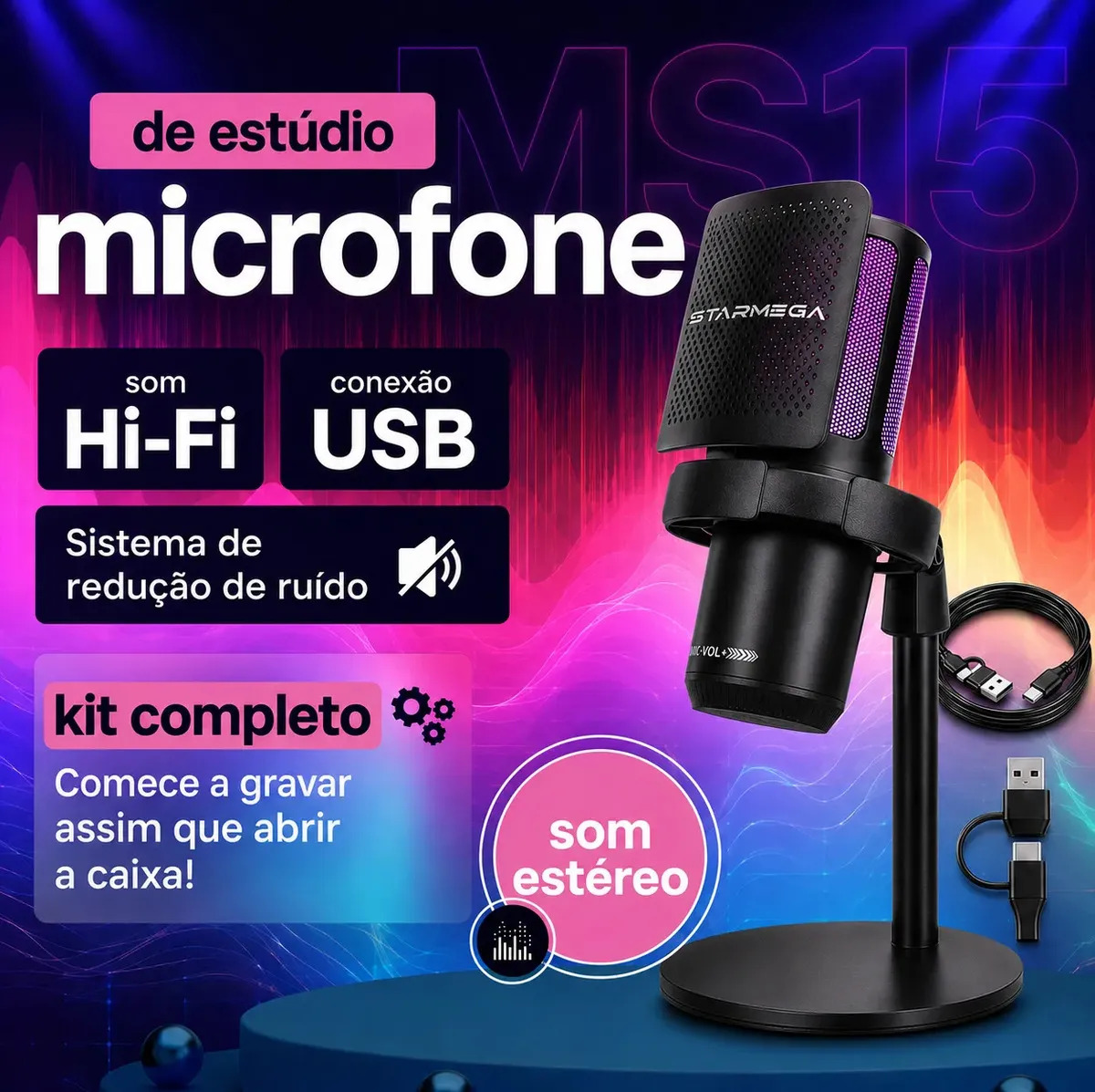 Microfone Condensador Rgb Alta Sensibilidade Usb para Gamer Streaming e PC Com Luz LED