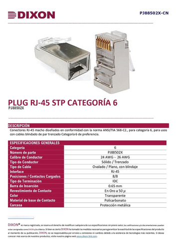 Caja 100 Plug Rj45 Apantallados Dixon Para Utp Cat.6 Rohs