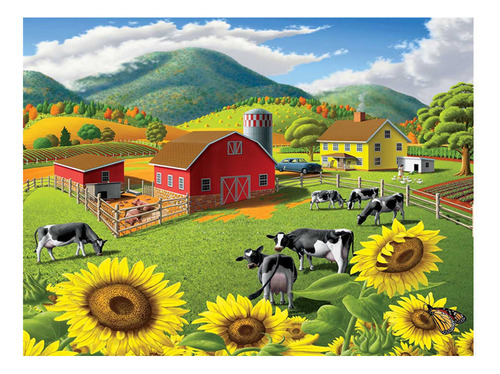 Juego De Pintura 5d Diamante, Girasol Pasto De Vacas,40x30cm