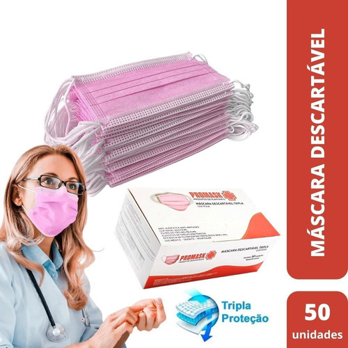 Máscara Descartável Rosa (cx C/50) - Promask