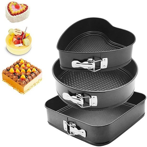 Set X3 Moldes Torta Desmontable Cuadrada Redonda Corazon 