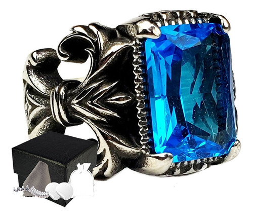 Combo Anillo De Lujo Elegante Flor De Lis Azul Acero Inoxida