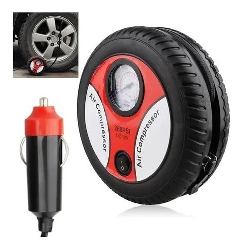 Mini Compresor Universal 12 V 250psi Diseño Rueda Color Negro-Rojo