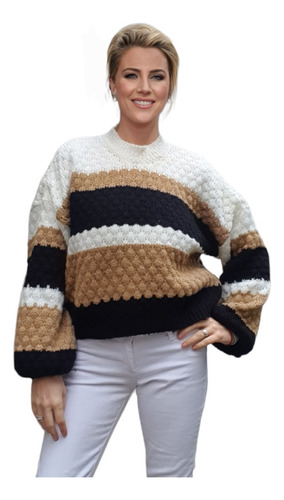 Sweater Lana Tricolor Panal D Abeja / Burbuja C/ Manga Globo