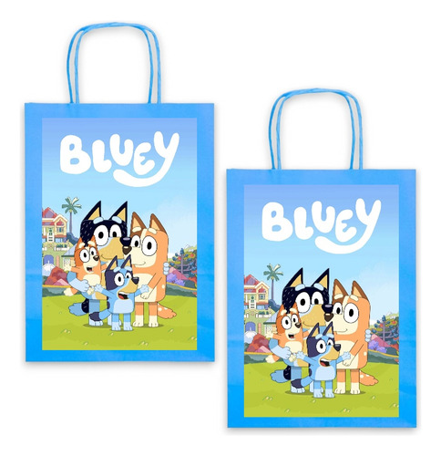 Bolsas Kraft Perro Bluey Cotillon Cumpleaños X 12 Unidades 