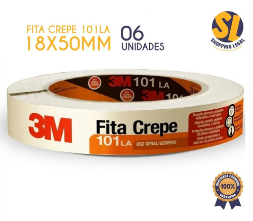 Imagem 2 de 5 de Fita Crepe 101la 18x50m Marcação Pintura Fixação - 6 Un - 3m