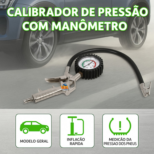 Calibrador De Pneus Com Manômetro 220 Psi Inflador Manual Com Mangueira Metal Borracharia Oficina Carro Moto Compressor Ar Ferramenta Medidor Pressão Vbs Brasil Profissional
