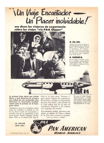 Pan American World Airways Antiguo Aviso Publicitario 1951