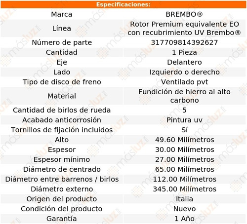 (1) Disco Freno 345.00 Del Izq/der Passat Cc 10/12 Brembo