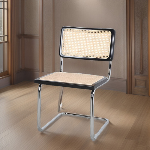 Sillas Cesca Breuer De Comedor Makom Con Estructura De Acero Tubular Cromado Con Acabado Brillante. Respaldo Y Asiento De Madera De Haya Laqueada Negro Y Esterillado En Rattán Sintético, Set X4 Unid.