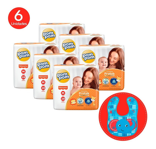 Imagem 1 de 9 de Kit Pom Pom Fraldas Derma M 168u + Brinde Babador Fisher