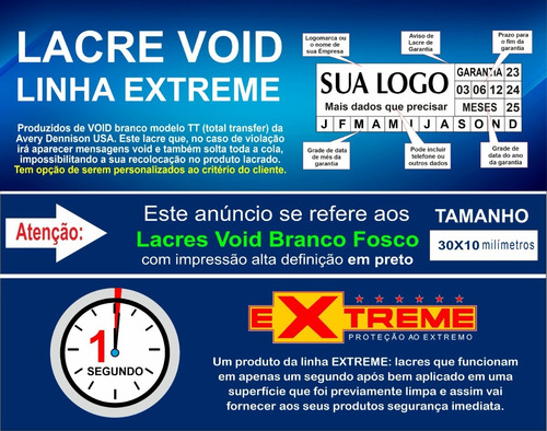 Lacre Void Branco Extreme 30x10mm Personalizado 500 Unidades