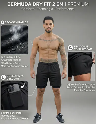 Kit 3 Shorts 2 Em 1 Duplo Bolso Para Academia Treino Corrida — foto 3