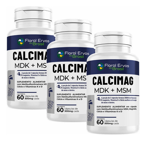 Kit 3x Calcimag Mdk | Magnésio + Msm + Vit D (60 Caps Cada) Sabor Sem Sabor