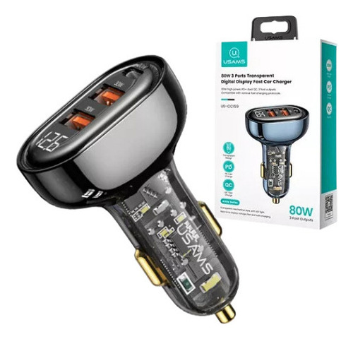 Carregador Veicular Turbo 80w 1 Tipo C Pd 20w + 2 Usb A 60w Cor Preto