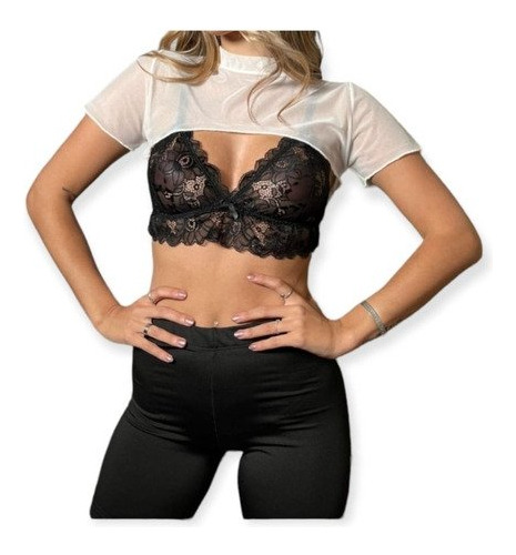 Crop Remera O Top Tul Super Corto Sexy Mangas Cortas Art Eva