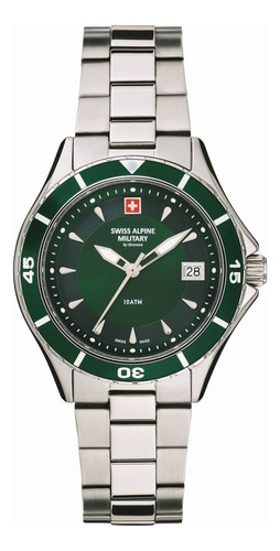 Reloj Swiss Alpine Military Nautilus Ladies 7740.1134sam Malla Plateado Bisel Verde Fondo Verde