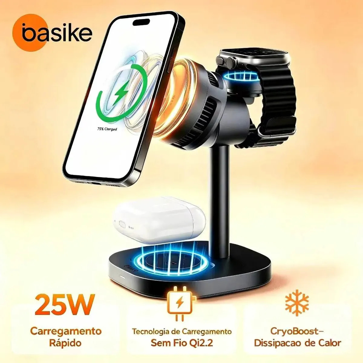 Basike Carregador SemFio 3 em 1 Magnético 25W Qi2.2 com Refrigeração Ativa por Ventilador Compatível com iPhone Samsung Moto Apple Watch e Fones com Carregamento SemFio Carga Rápida Estação Tripla