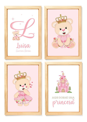 Kit Com 4 Quadros Decorativos Do Tema Ursinha Princesa