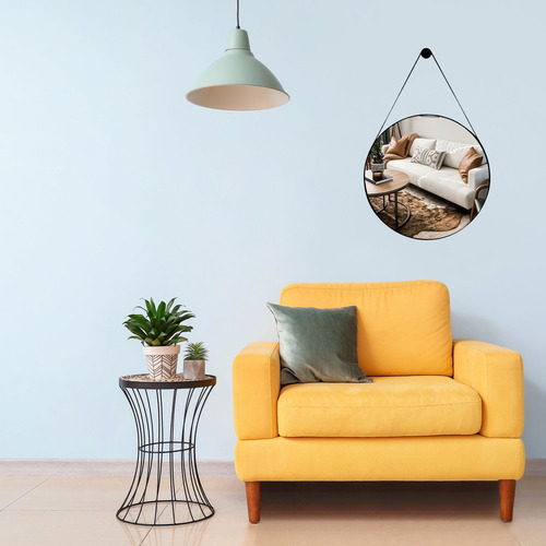 Espelho Adnet Design Clássico Com 60 Cm Alça De Couro Moldura Moldura Couro Preta