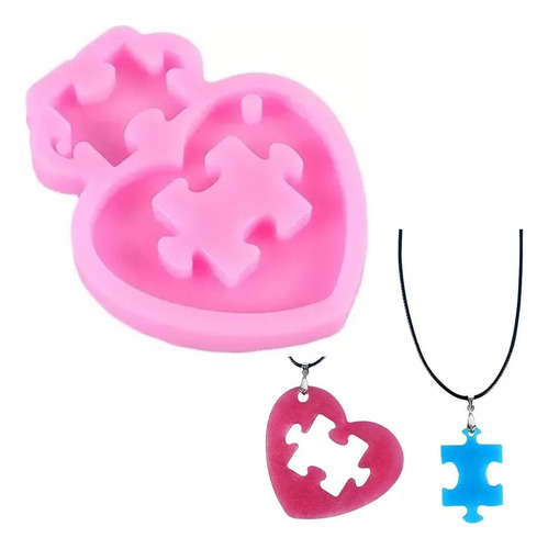Molde Silicona Colgante Llavero Corazon Rompecabeza Resina Color Rosa