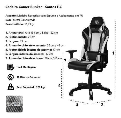 Imagem 6 de 6 de Cadeira Gamer Bunker - Oficial Santos F.c Ergonômica Recliná