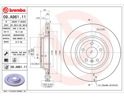 Disco Freno Vent 345.00 Tras Izq/der Brembo Ml350 10 A 15