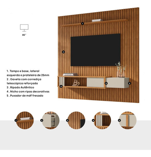 Painel para TV até 85 Polegadas Ripado com 1 Gaveta e Nicho Multimóveis CR45283 Naturalle/Off White