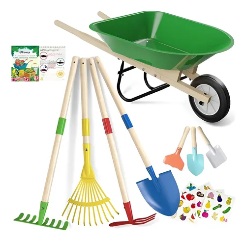 IEEILULU Carretilla De Jardín Para Niños – 11 Herramientas De Madera, Guantes Y Regadera, Juego Exterior 3+