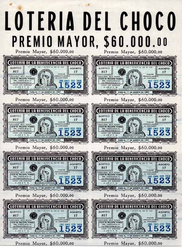 Billete De Lotería Del Chocó 1963 Completo