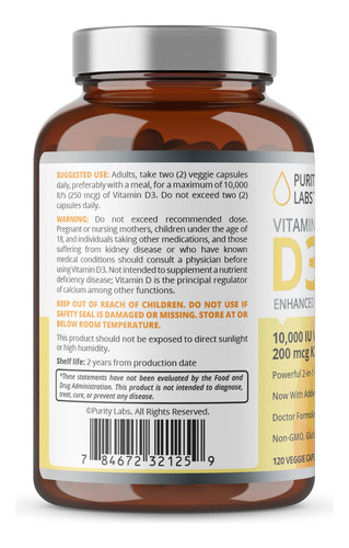 Purity Labs Vitamina D3 K2 10000 Ui 120 Cápsulas