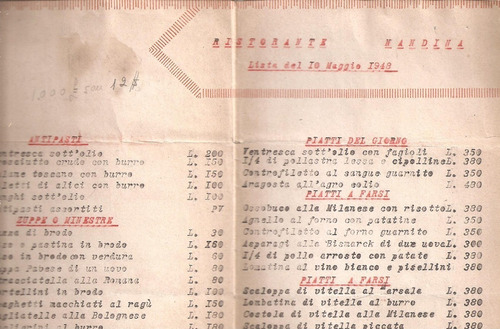 Ristorante Nandina Menu Maggio 1948 - Firenze - Italia