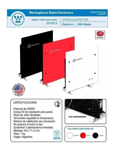 Imagen 4 de 7 de Vitroconvector 2000w Westinghouse Calefactor De Piso O Pared