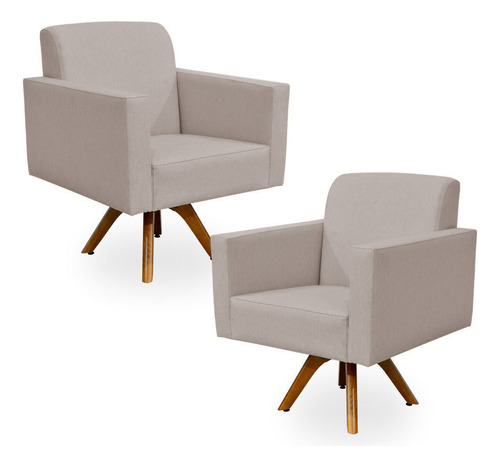 Kit 02 Poltronas Decorativas Giratória Madeira Sala Estar Helô L02 Linho Bege