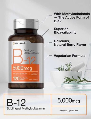 Imagen 3 de 3 de Vitamina B12 Sublingual 5000mcg 120 Tabletas Hecho En Usa