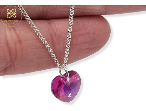 Cadena Plata + Dije Corazon Cristal Swa Fucsia 10mm