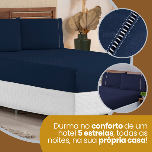 Kit Jogo Lençol King Elástico E Fronhas 3 Peças 400 Fios Macio Luxo Cor Azul Marinho Premium