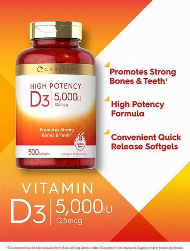 Imagen 3 de 8 de Vitamina D3 5000 Ui / Iu 500 Softgels - Family Pack !