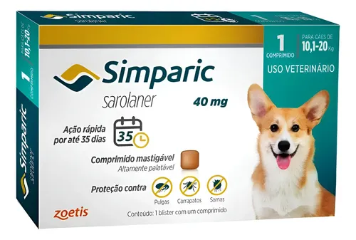 Simparic 40mg Zoetis Antipulgas E Carrapatos 1comp 10-20kg Verde
